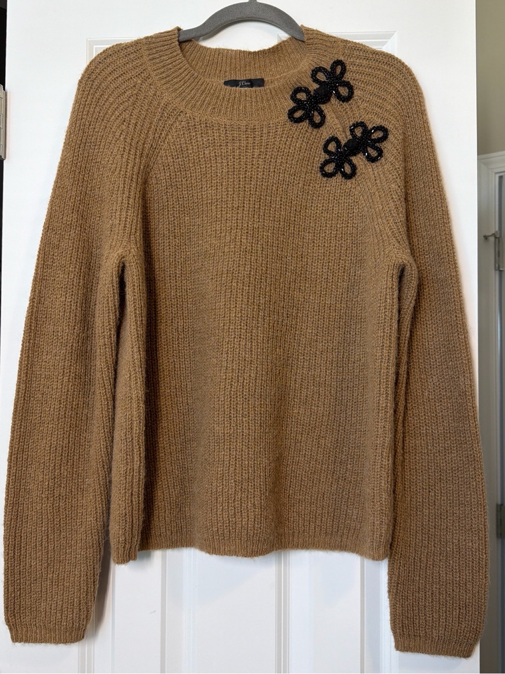 J. Crew Wool/Alpaca Blend Camel Crewneck Sweater with Black Floral Appliqués